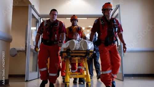 Emergency Response Team in Action: A dedicated medical team swiftly transports a patient on a stretcher through a hospital hallway, embodying the spirit of care and urgency.