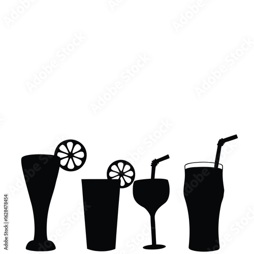 Black beverage silhouette shows varied glasses and drinking straws, garnished with lemon slices, on transparent background