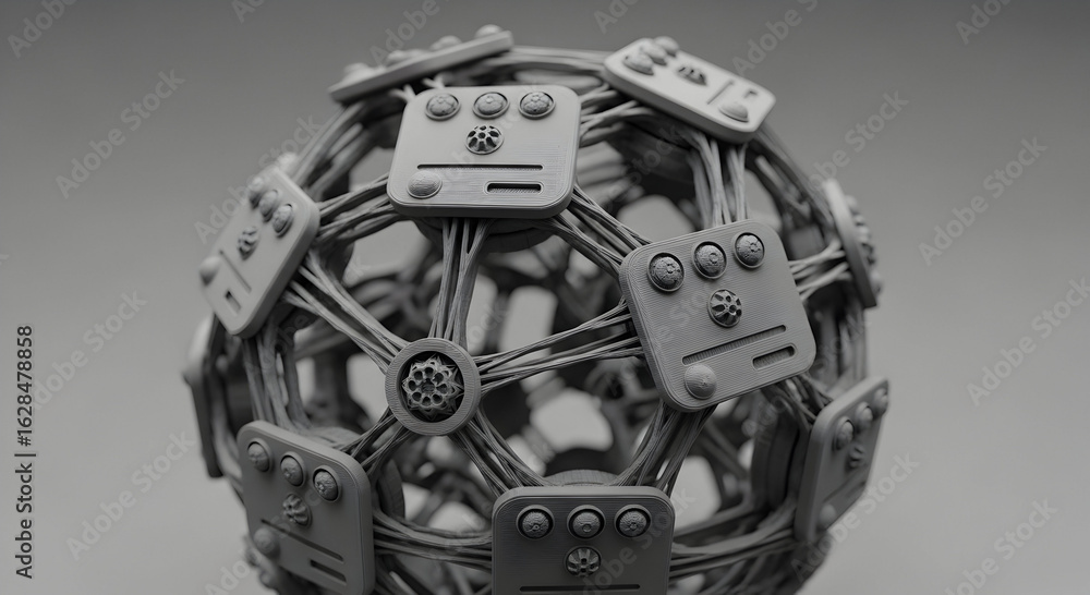 Fototapeta premium Futuristic spherical device showcases intricate modular design and a web of interconnected components