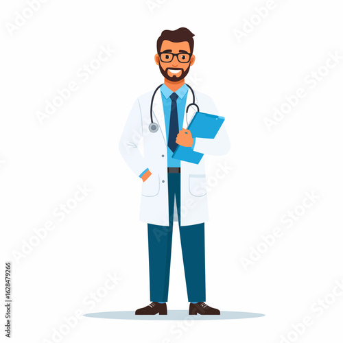 Illustration of a smiling male doctor with a stethoscope. A friendly medical professional or general practitioner character for healthcare services.