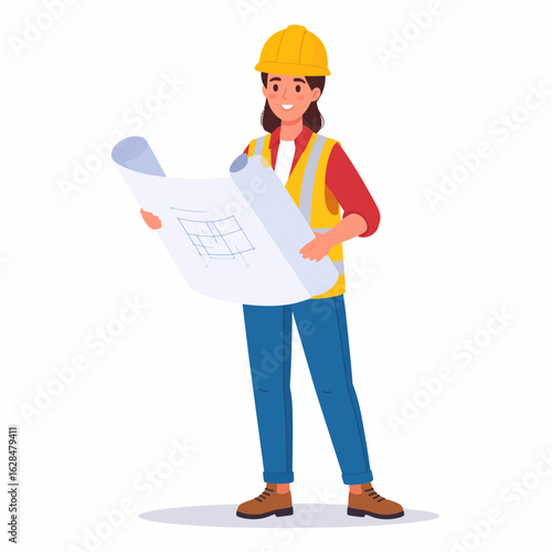 A professional female engineer or architect in a hard hat and safety vest smiling while reviewing a building blueprint.