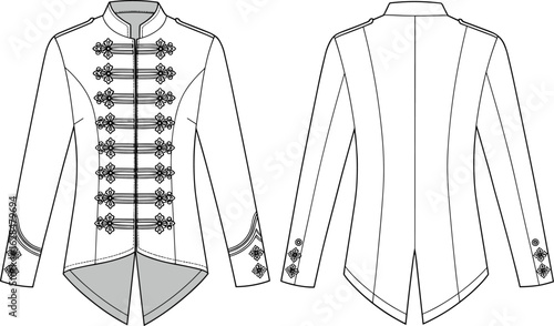 Military style jacket CAD drawing, flat vector sketch, fashion coat design, ornate embroidery detail, digital clothing template, long sleeve outerwear, tailored uniform fashion