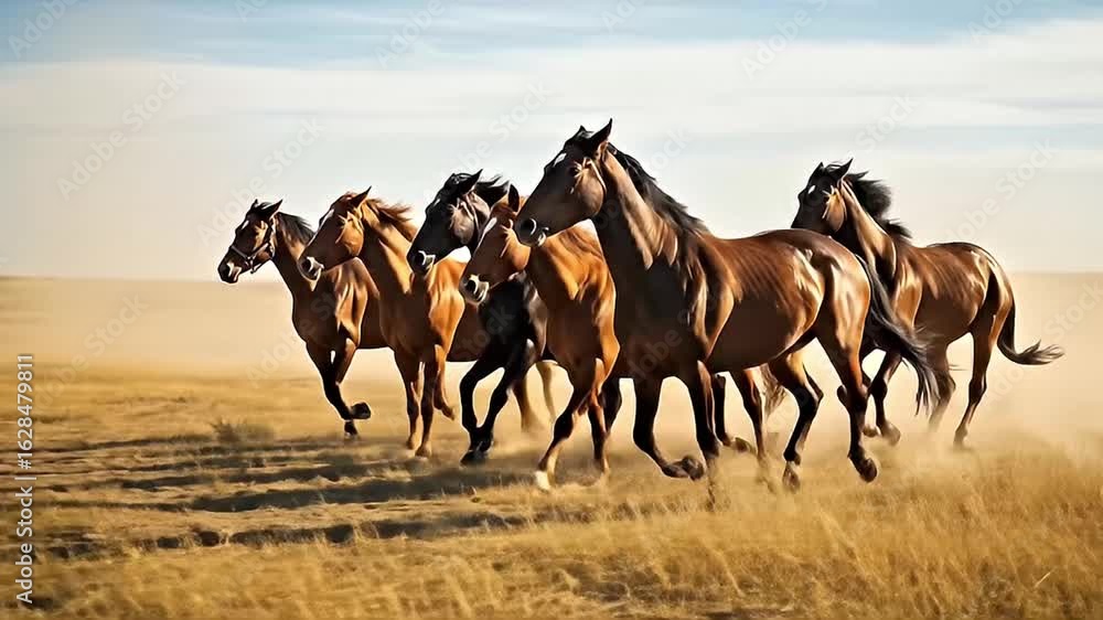 Powerful Wild Horses Galloping Freely Across a Dusty Arid Plain Under a Bright Sky, Evoking Movement and Wilderness Powerful Wild Horses Galloping Freely Across a Dusty Arid Plain Under a Bright Sky, Evoking Movement and Wilderness