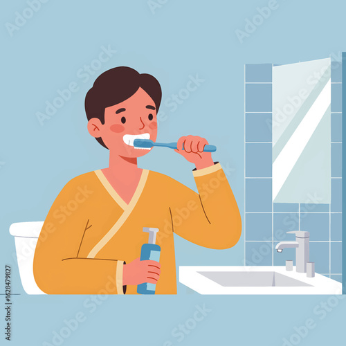 Young Man Brushing Teeth in Bathroom, Daily Oral Hygiene Routine Cartoon Vector Illustration