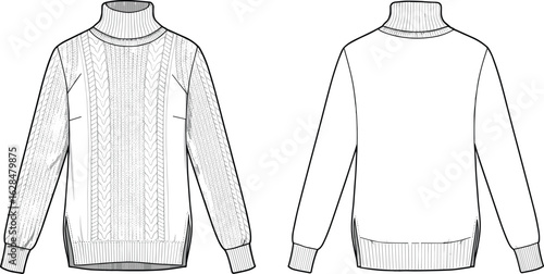 Cad drawing, flat vector illustration of cable knit turtleneck sweater, ribbed cuff pullover, winter wear design, warm knitwear, fashion sketch, cozy clothing template
