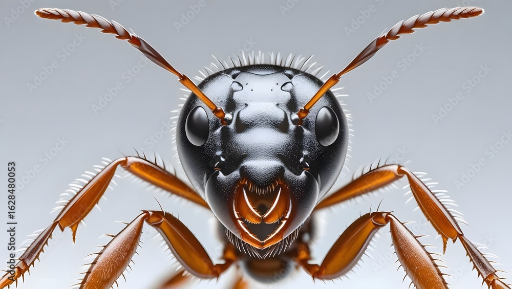Fototapeta premium Macro Marvel: A close-up, high-definition portrait unveils the intricate details of an ant's face, showcasing its powerful mandibles, antennae, and multifaceted eyes.