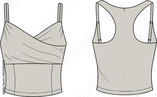Cad drawing, flat vector illustration of women's crop top, fashion tank top, sleeveless design, stylish activewear, racerback top, apparel sketch, fitted top template