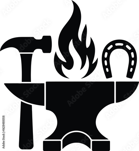 Blacksmith "Hand Forged" Silhouettes: Hammer, Anvil, Horseshoe, Fire Icons