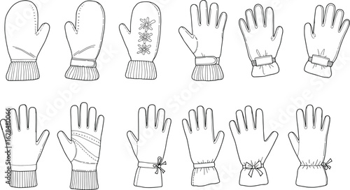 Winter gloves CAD drawing, flat vector illustration of mittens and gloves, front and back view, fashion technical sketch, cold weather accessory design template