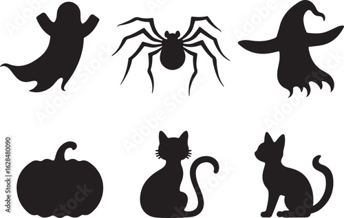 Spooky Halloween silhouettes ghost spider cat pumpkin witch hat
