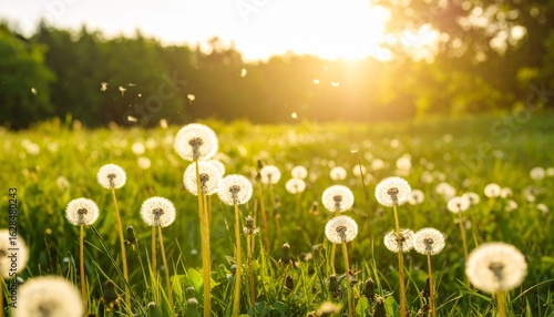 Sunlit field of dandelions with fluffy seed heads—seeds drift on the breeze, trees in the distance, clear sky above, capturing a serene moment of nature’s gentle transience.
