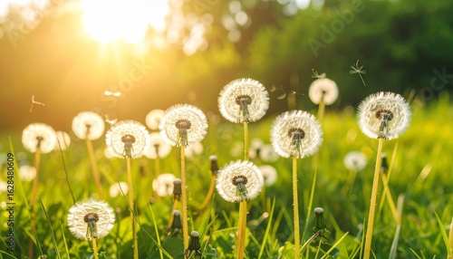 Sunlit field of dandelions with fluffy seed heads—seeds drift on the breeze, trees in the distance, clear sky above, capturing a serene moment of nature’s gentle transience.