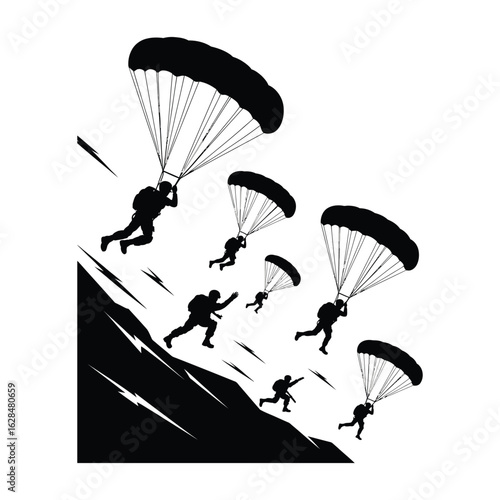 Paratrooper silhouettes in action showing tactical jumps, cargo parachutes, and night operations in black and white