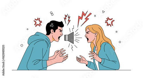 Young couple experiencing conflict argument shouting at each other in a heated dispute with intense emotions and disagreement