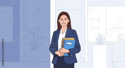 Professional woman smiling confidently holding binders and notebooks in a modern office setting