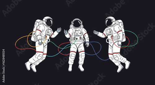 Three astronauts floating in space connected by colorful cables demonstrating interstellar communication and cosmic exploration