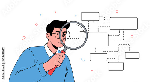Man with magnifying glass inspecting a flowchart diagram understanding business processes and strategy