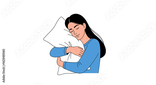 Young woman hugging a soft pillow for a comfortable restful sleep on a white background
