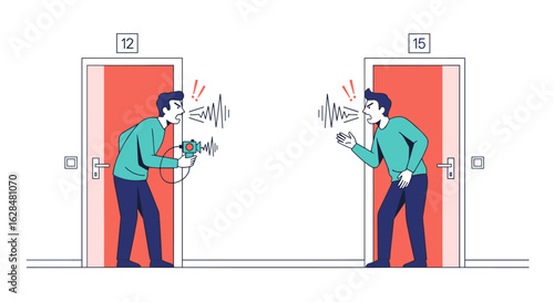 Two neighbors arguing loudly through their doors about noise pollution and disturbances affecting their peace and quiet