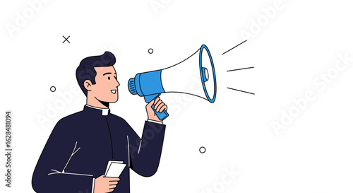 Announcer holding a megaphone and speaking loudly into the device making an important announcement to the public
