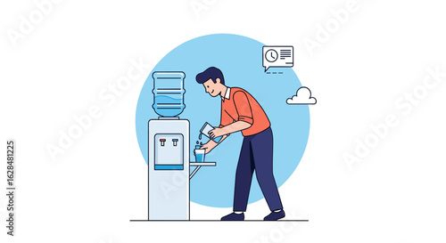 Office worker filling water cup from cooler during workday break refreshment hydration refreshment concept