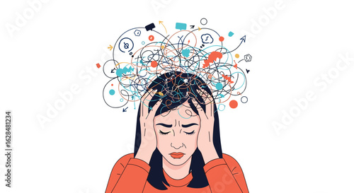 Understanding the visual representation of mental distress and overthinking with tangled thoughts above a woman's head