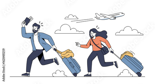 People rushing to catch their flight with luggage and passports ready for travel