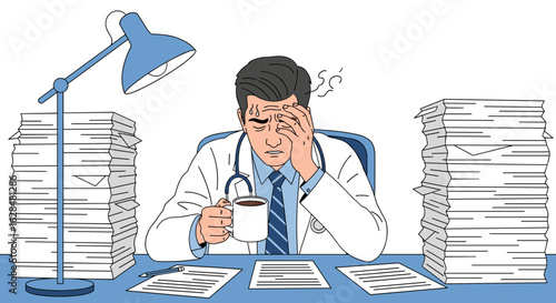 Doctor overwhelmed by excessive paperwork and exhaustion holding coffee cup at desk