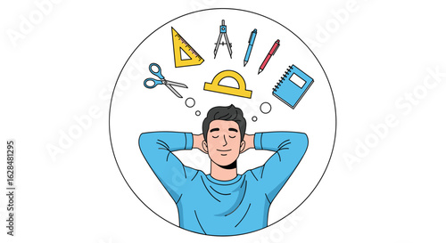 A young man in a blue sweatshirt is relaxing with his hands behind his head thinking about school supplies