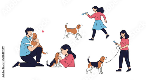 People enjoying companion animals playing training interaction and affection with dogs and puppies together in a park outdoors