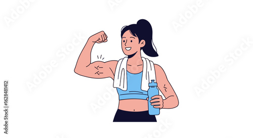 Fit woman showing biceps muscle strength and endurance during workout session holding water bottle