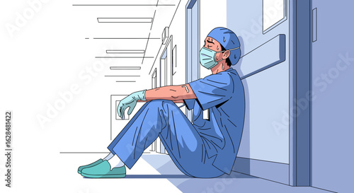 Healthcare professional exhausted and overwhelmed sitting in hospital corridor feeling tired