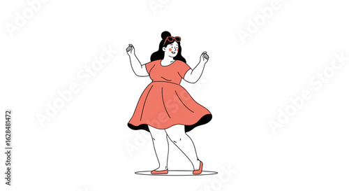 A groovy woman in a coral dress moves to the music with joyful abandon