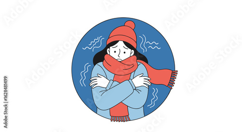 Person feeling cold with shivers and hugging themselves wearing a hat and scarf indoors on a blue background