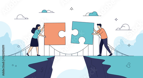 Teamwork collaboration bridging gaps with puzzle pieces on a sky bridge connecting abstract concepts