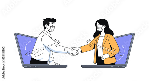 Business professionals connecting digitally through online collaboration and virtual agreement for global partnership