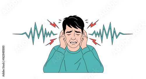 Man covering ears experiencing intense noise overload and auditory pain caused by sound waves