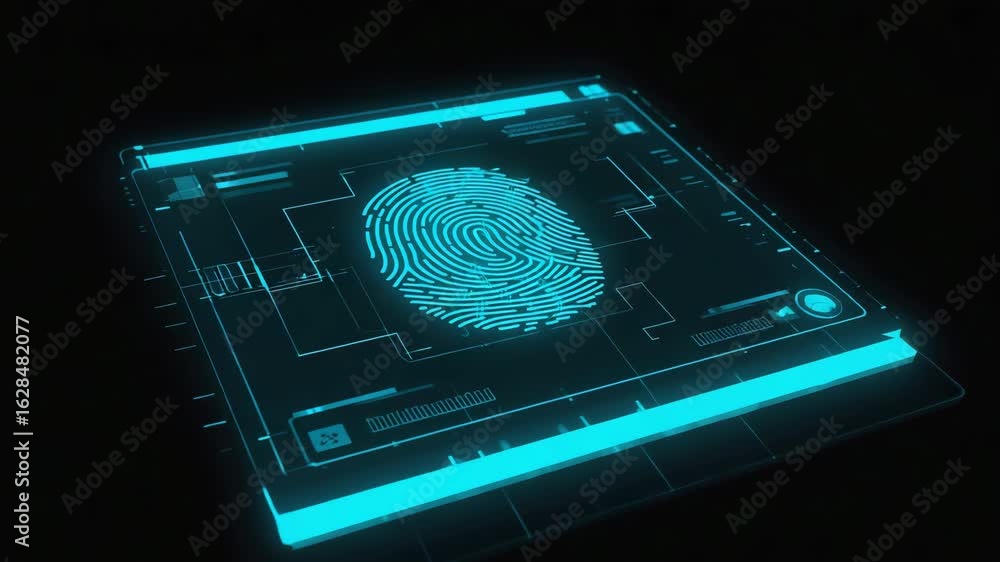 Futuristic fingerprint scanner is verifying identity on a digital interface, symbolizing cybersecurity, biometric authentication, and access control in a technological world