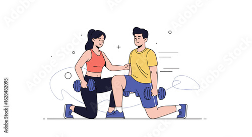 Two people exercising together performing lunges with dumbbells for fitness