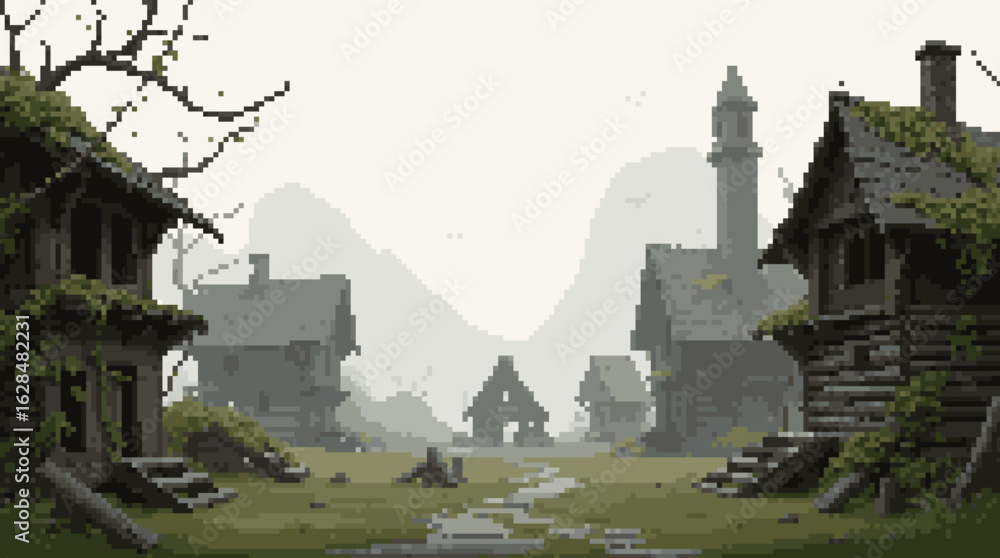 Obraz premium Forgotten Village Surrounded by Mystical Mountains
