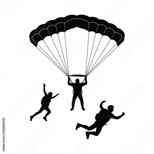 Silhouette vector set of tandem skydivers showing instructor with beginner, parachute opening, and landing pose in black and white