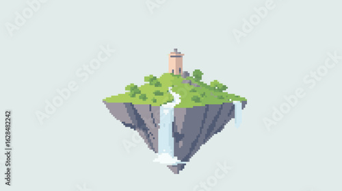 Floating Island with Waterfall and Tower in Pixel Art