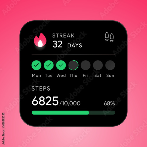 Daily streak counter. Habit tracker interface with progress bar, steps goal and reward. Fitness or learning challenge milestone for mobile app. Health dashboard Dark UI. Vector illustration.