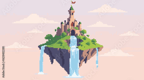 Floating Island with Waterfalls and Castle in Pixel Art
