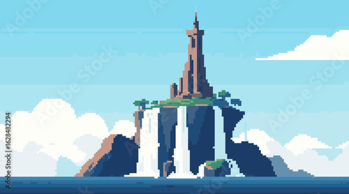 Pixel Art Island with Waterfalls and Tower