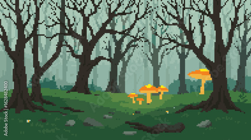 Mysterious Forest with Glowing Mushrooms in Pixel Art
