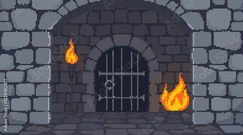 Mysterious Dungeon Entrance with Flickering Torches