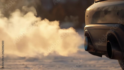 Car Exhaust Smoke Billowing from Tailpipe in Cold Winter Weather Vehicle Emissions Air Pollution and Environmental Impact