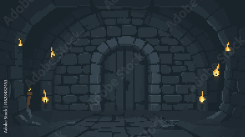 Dark Dungeon with Flickering Torches and Heavy Door