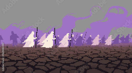 Ethereal Figures Amidst Cracked Lands in Pixel Art